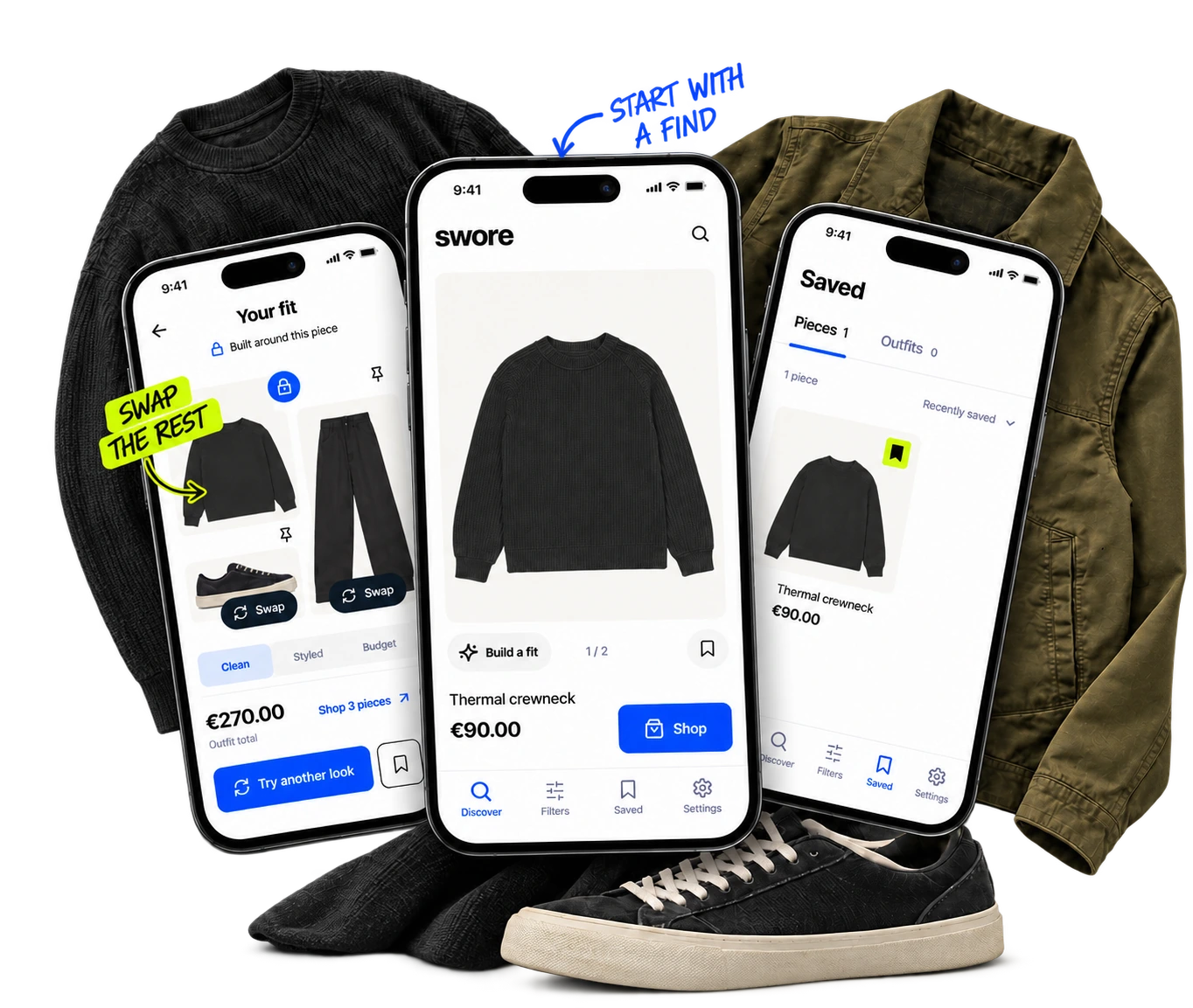 Swore’s planned experience: Discover in the middle, a fit built around a fixed starting piece on the left, and saved pieces on the right. Illustrative app screens surrounded by unbranded clothing.